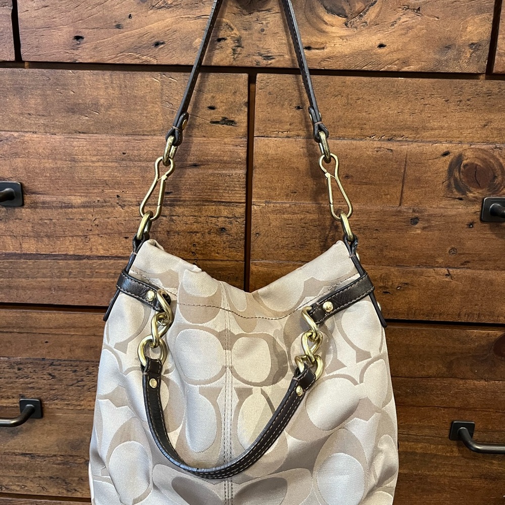 Coach Tan and Brown Signature Shoulder Bag